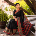 Black Dharwad Cotton Saree with Border, draped and worn by a woman, AI visual of the saree, iTokri
