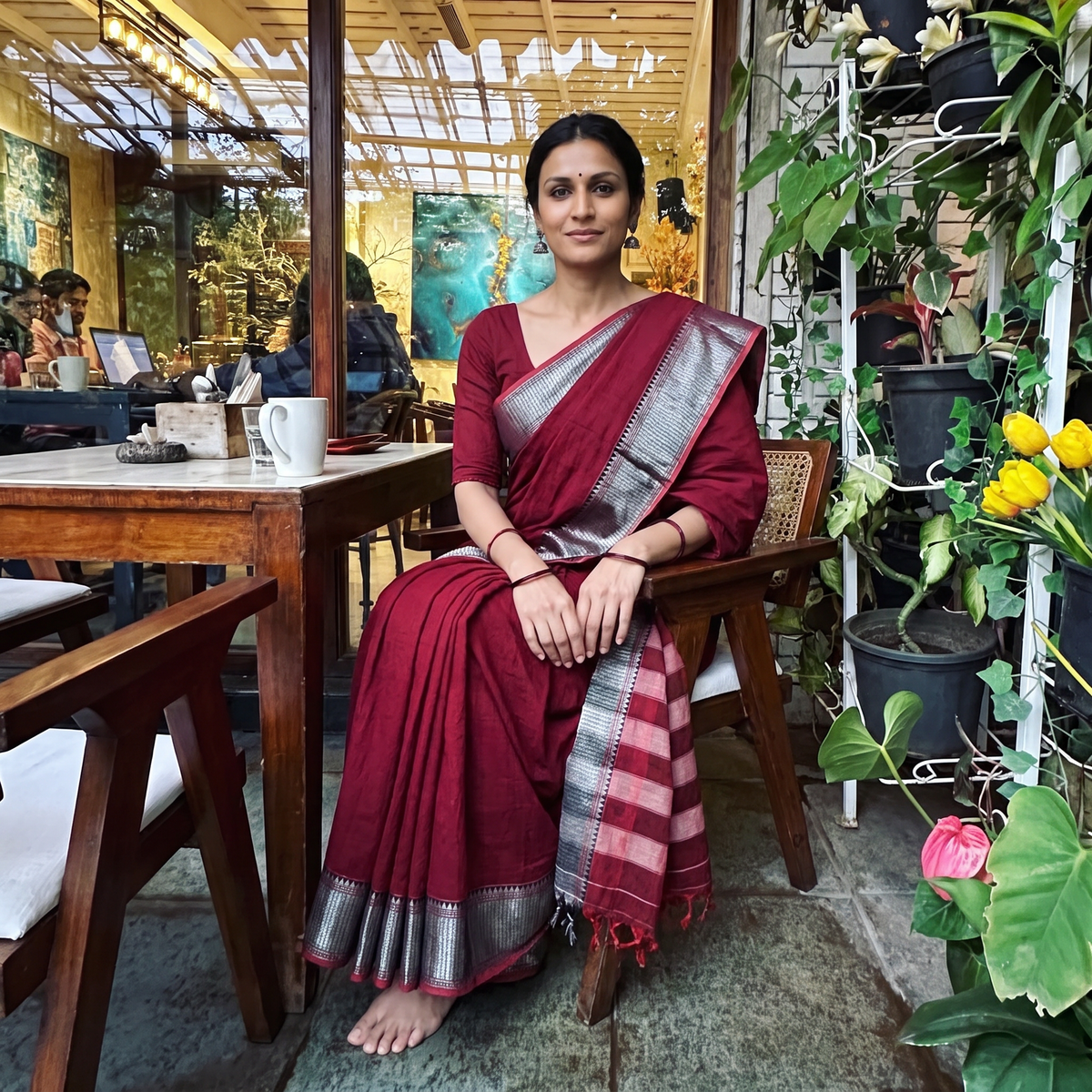 Maroon Dharwad Cotton Saree with Border, draped and worn by a woman, AI visual of the saree, iTokri