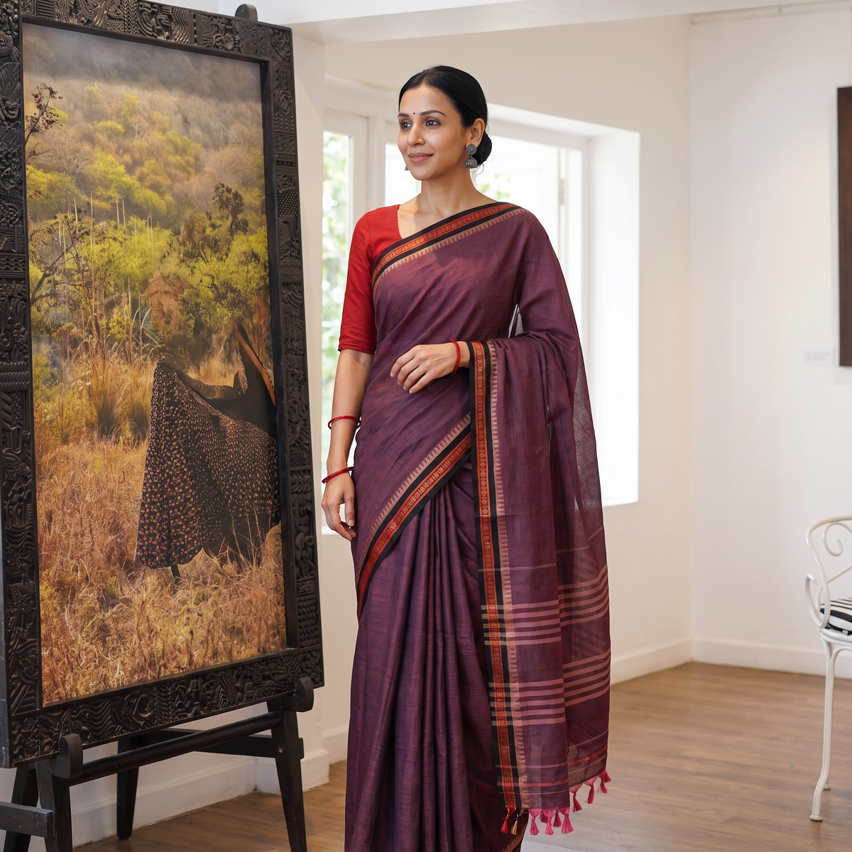Purple Dharwad Cotton Saree with Border, draped and worn by a woman, AI visual of the saree, iTokri