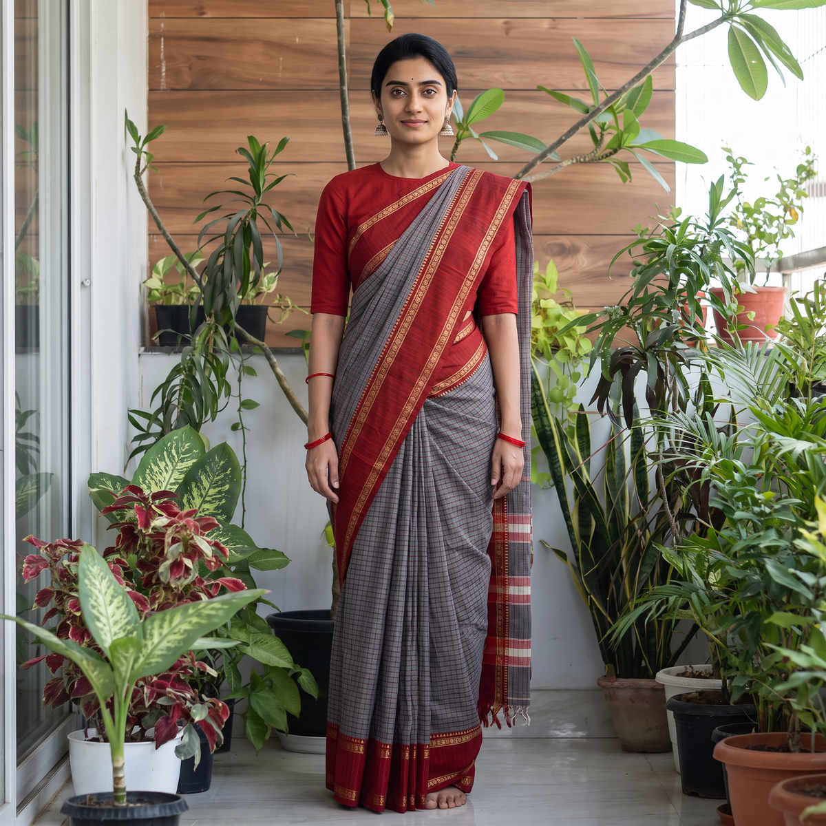 Grey Dharwad Cotton Saree with Border, draped and worn by a woman, AI visual of the saree, iTokri