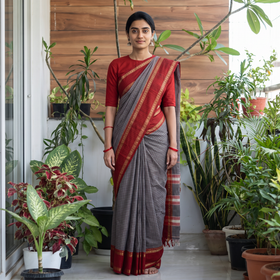 Grey Dharwad Cotton Saree with Border, draped and worn by a woman, AI visual of the saree, iTokri