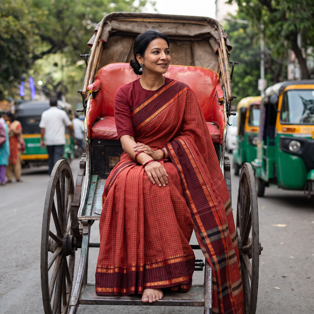 Red Dharwad Cotton Saree with Border, draped and worn by a woman, AI visual of the saree, iTokri