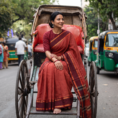 Red Dharwad Cotton Saree with Border, draped and worn by a woman, AI visual of the saree, iTokri