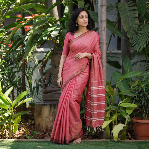 Pink Dharwad Cotton Saree with Border, draped and worn by a woman, AI visual of the saree, iTokri