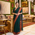 Green Dharwad Cotton Saree with Border, draped and worn by a woman, AI visual of the saree, iTokri