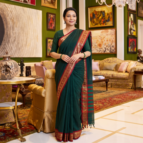 Green Dharwad Cotton Saree with Border, draped and worn by a woman, AI visual of the saree, iTokri