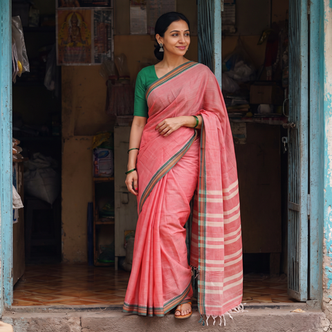 Pink Dharwad Cotton Saree with Border, draped and worn by a woman, AI visual of the saree, iTokri