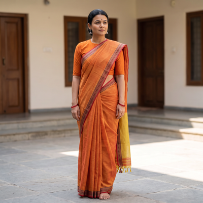 Orange Dharwad Cotton Saree with Border, draped and worn by a woman, AI visual of the saree, iTokri