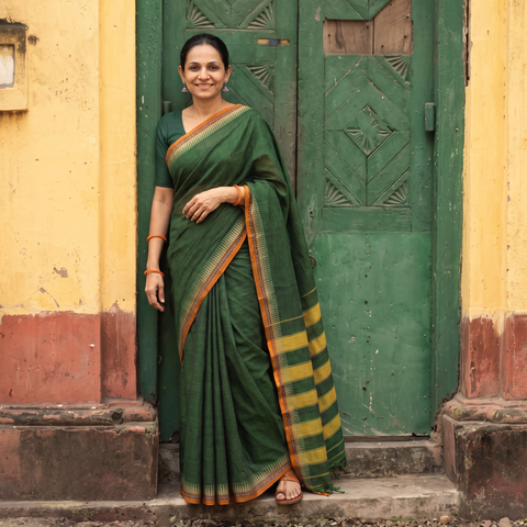 Green Dharwad Cotton Saree with Border, draped and worn by a woman, AI visual of the saree, iTokri