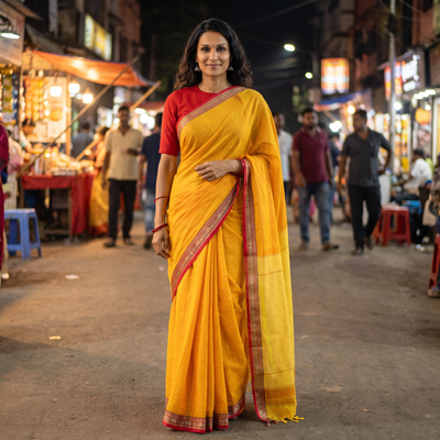 Yellow Dharwad Woven Mercerised Cotton Saree with Border, draped and worn by a woman, AI visual of the saree, iTokri