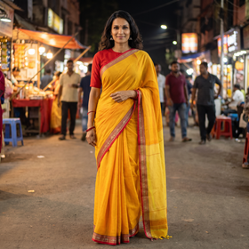 Yellow Dharwad Woven Mercerised Cotton Saree with Border, draped and worn by a woman, AI visual of the saree, iTokri