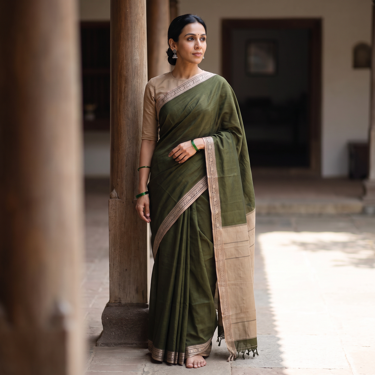 Green Dharwad Woven Mercerised Cotton Saree with Border, draped and worn by a woman, AI visual of the saree, iTokri