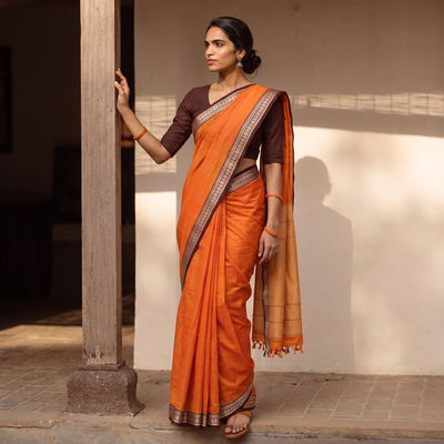 Orange Dharwad Woven Mercerised Cotton Saree with Border, draped and worn by a woman, AI visual of the saree, iTokri