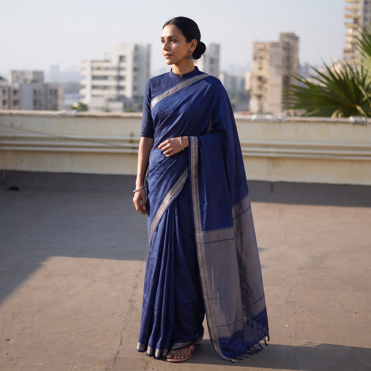 Blue Dharwad Woven Mercerised Cotton Saree with Border, draped and worn by a woman, AI visual of the saree, iTokri