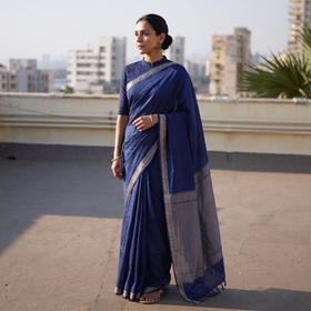 Blue Dharwad Woven Mercerised Cotton Saree with Border, draped and worn by a woman, AI visual of the saree, iTokri