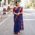 Blue Dharwad Woven Mercerised Cotton Saree with Border, draped and worn by a woman, AI visual of the saree, iTokri