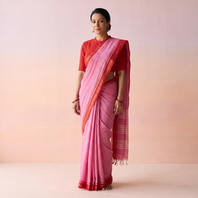 Pink Dharwad Woven Mercerised Cotton Saree with Border, draped and worn by a woman, AI visual of the saree, iTokri