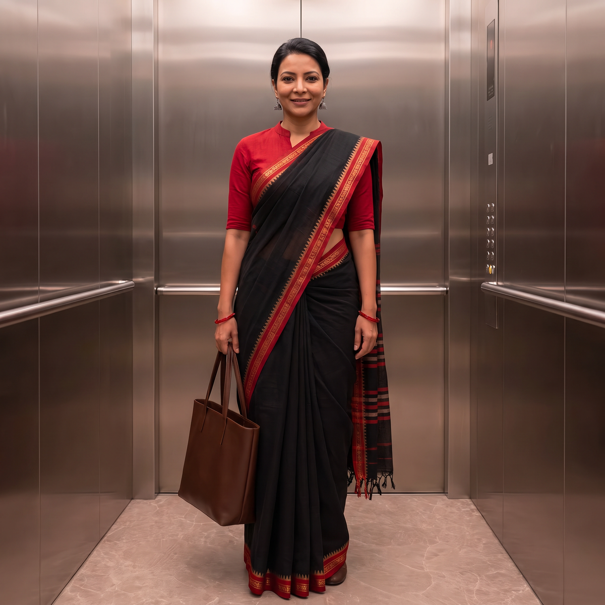 Black Dharwad Woven Mercerised Cotton Saree with Border, draped and worn by a woman, AI visual of the saree, iTokri
