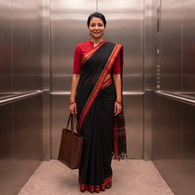 Black Dharwad Woven Mercerised Cotton Saree with Border, draped and worn by a woman, AI visual of the saree, iTokri