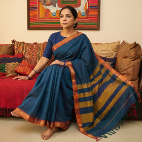 Blue Dharwad Woven Mercerised Cotton Saree with Border, draped and worn by a woman, AI visual of the saree, iTokri