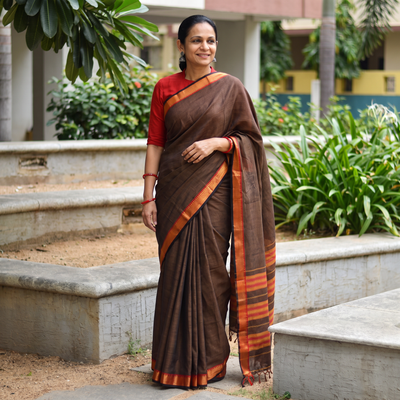 Brown Dharwad Woven Mercerised Cotton Saree with Border, draped and worn by a woman, AI visual of the saree, iTokri