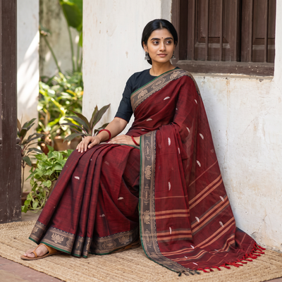 Red Dharwad Woven Thread Buti Mercerised Cotton Saree with Border, draped and worn by a woman, AI visual of the saree, iTokri
