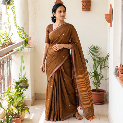 Yellow Dharwad Woven Thread Buti Mercerised Cotton Saree with Border, draped and worn by a woman, AI visual of the saree, iTokri