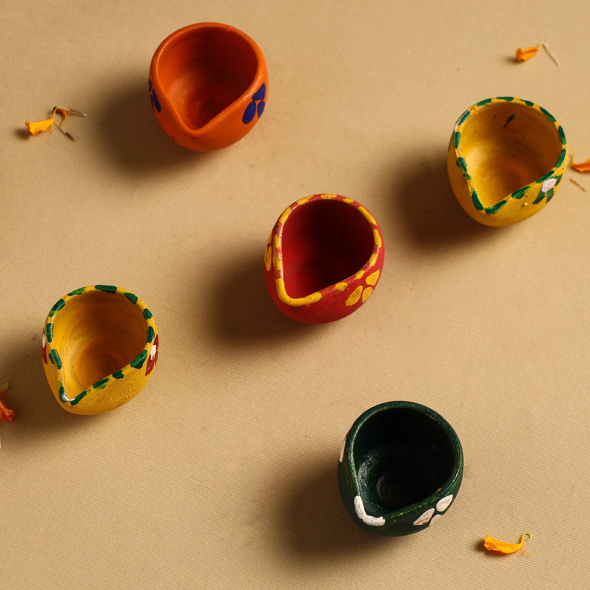  Diwali Decor Handpainted Clay Diya (Set Of 5)