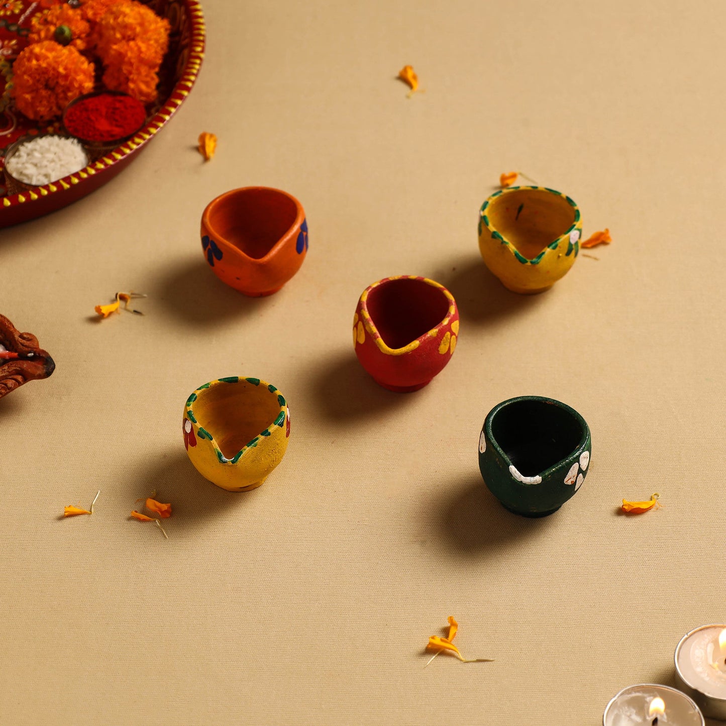  Diwali Decor Handpainted Clay Diya (Set Of 5)