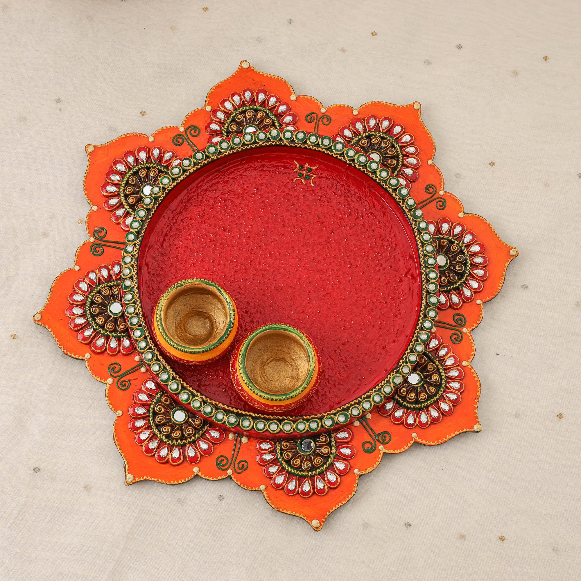 Diwali decor handpainted wooden lotus pooja thali 05