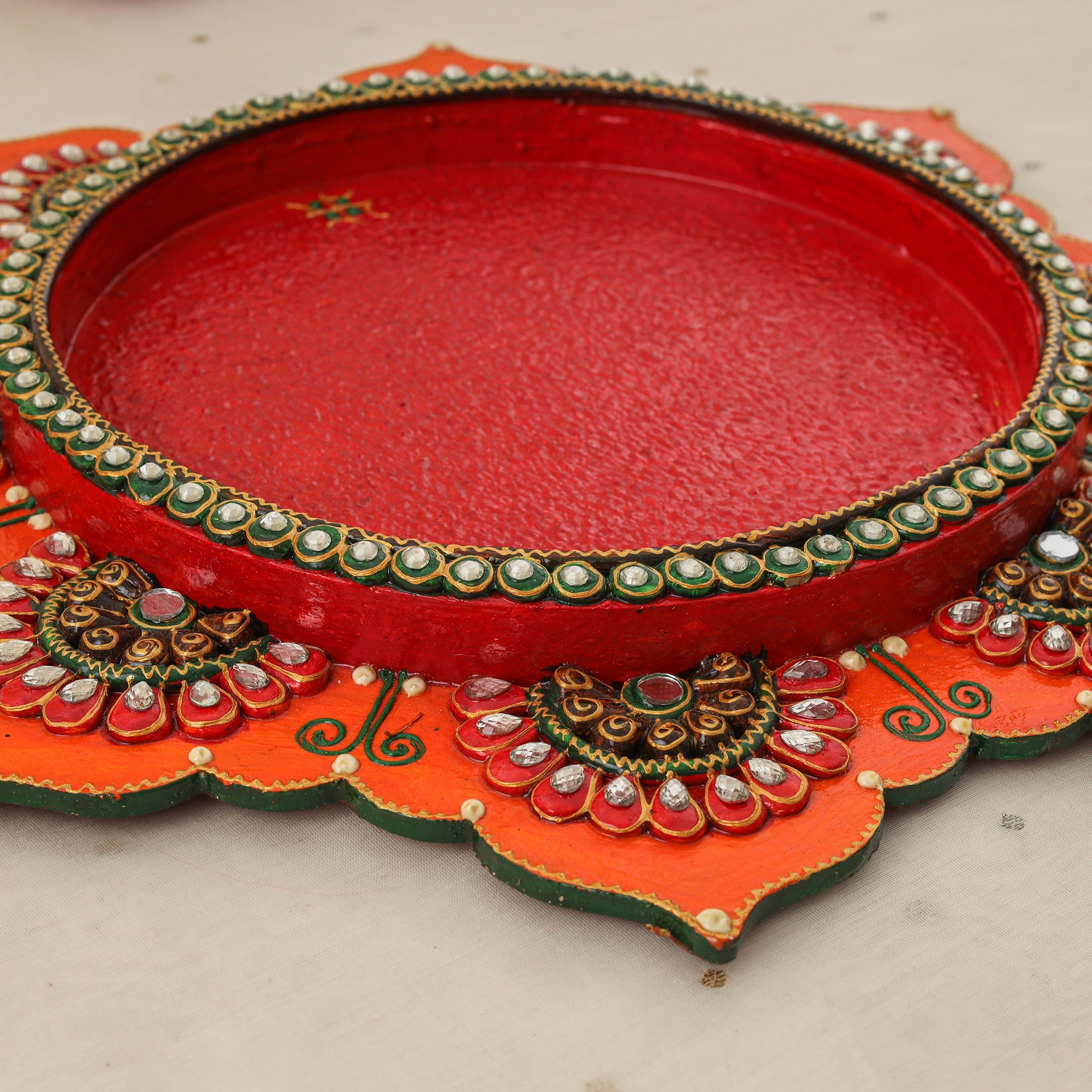 Diwali decor handpainted wooden lotus pooja thali 05