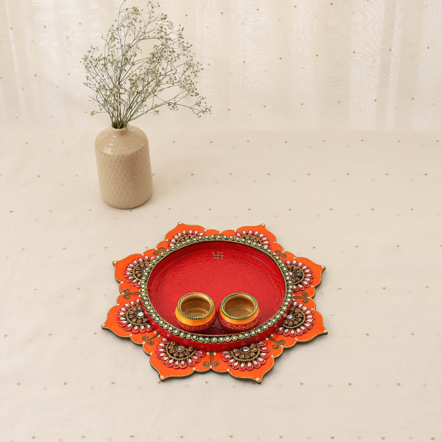 Diwali decor handpainted wooden lotus pooja thali 05