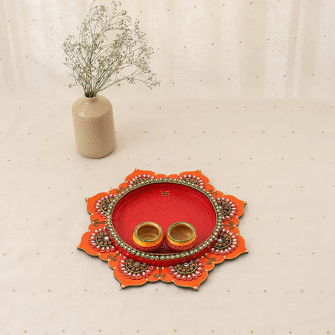 Diwali decor handpainted wooden lotus pooja thali 05