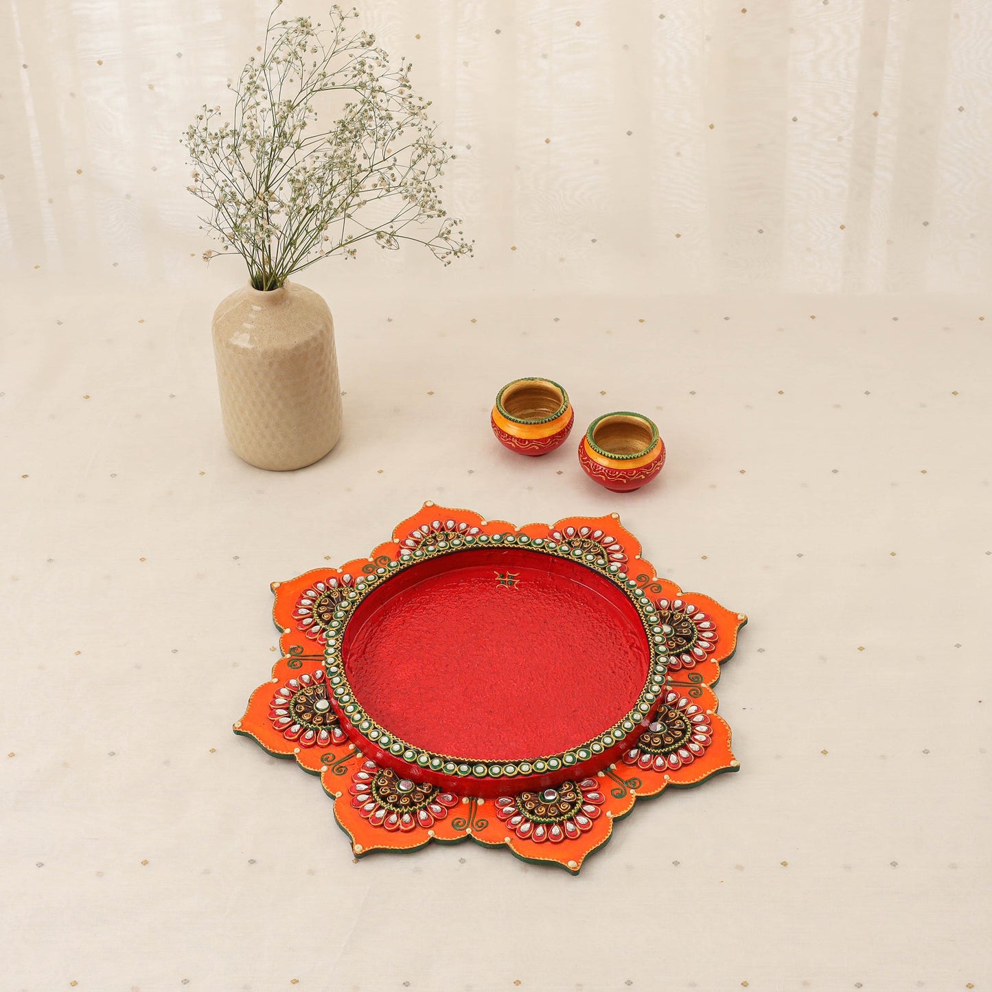 Diwali decor handpainted wooden lotus pooja thali 05