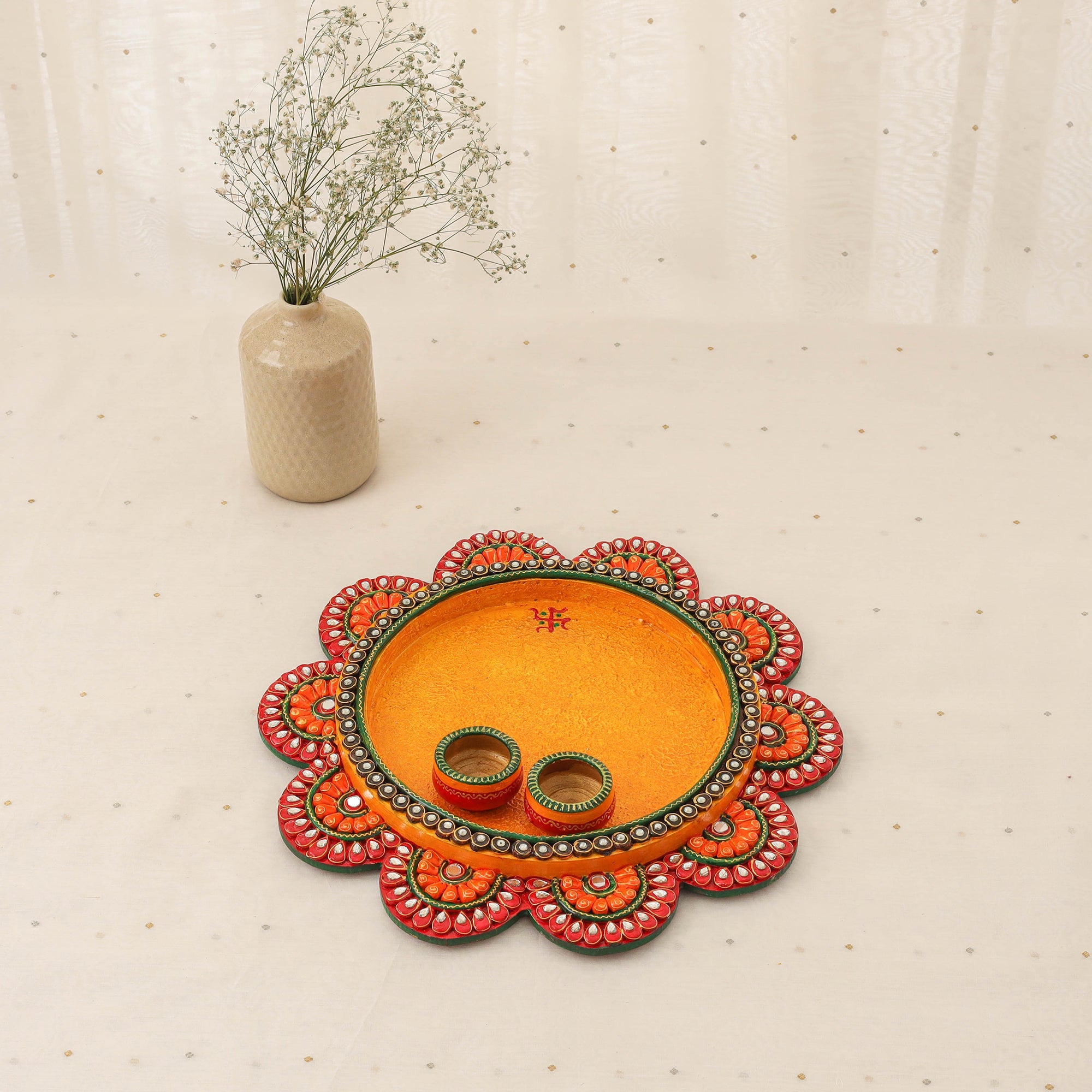 Diwali decor handpainted wooden lotus pooja thali 09
