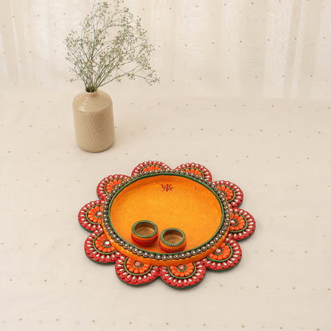 Diwali decor handpainted wooden lotus pooja thali 09