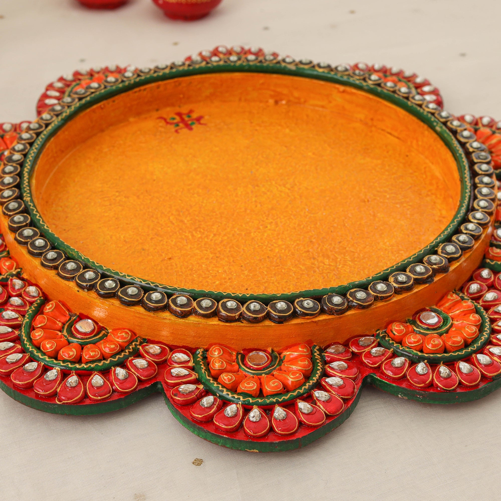 Diwali decor handpainted wooden lotus pooja thali 09