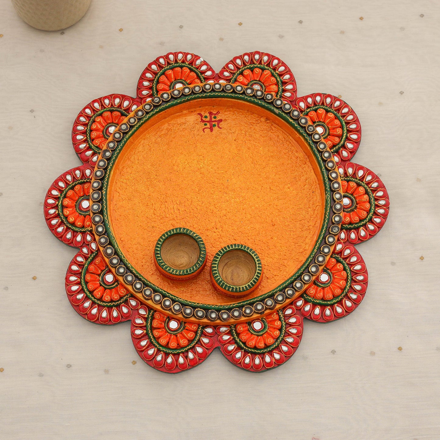 Diwali decor handpainted wooden lotus pooja thali 09
