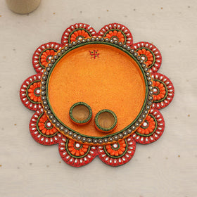 Diwali decor handpainted wooden lotus pooja thali 09