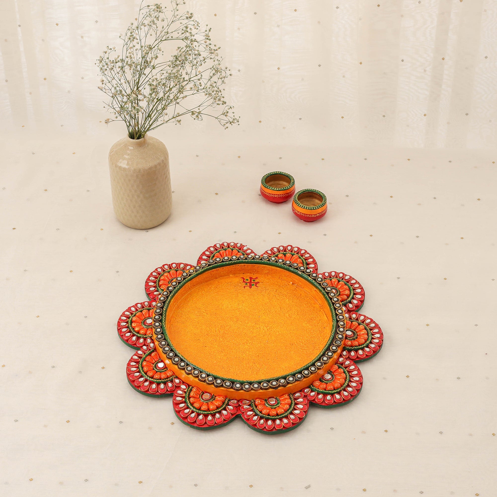 Diwali decor handpainted wooden lotus pooja thali 09