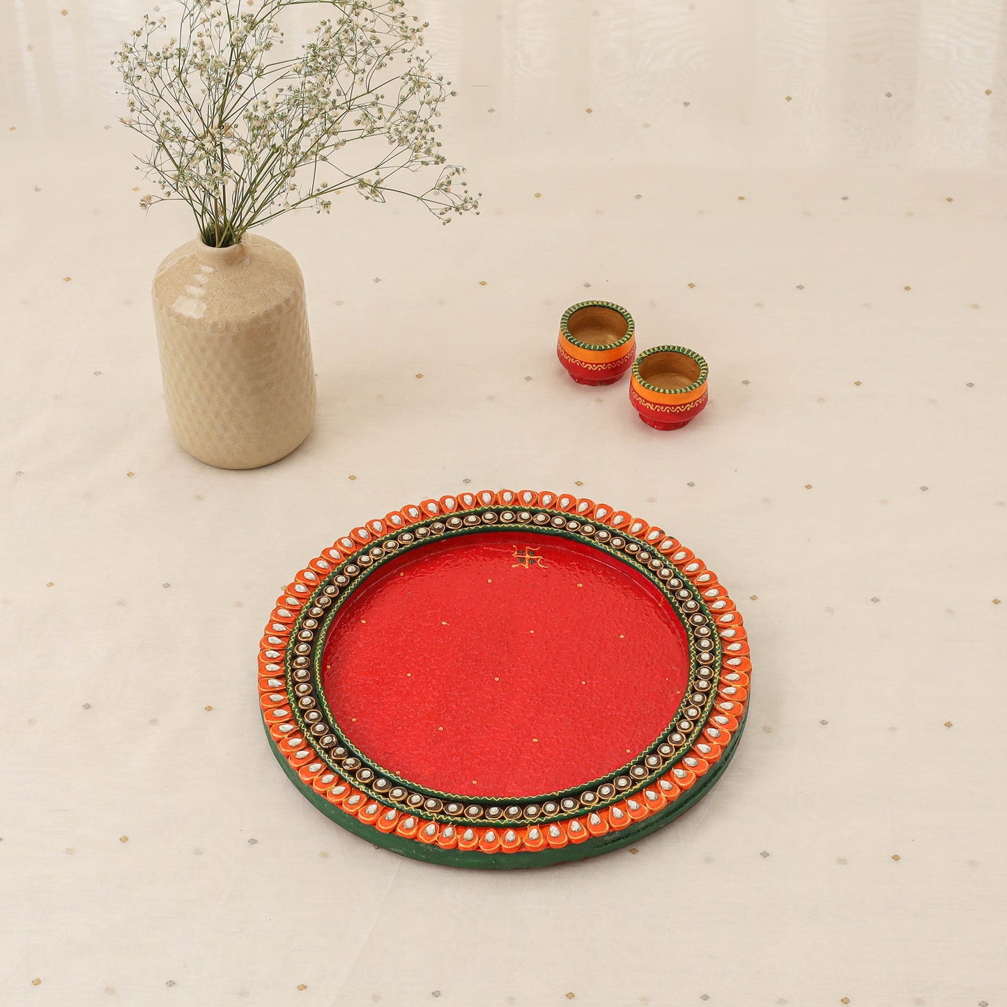 Diwali decor handpainted wooden pooja thali 03 - handcrafted