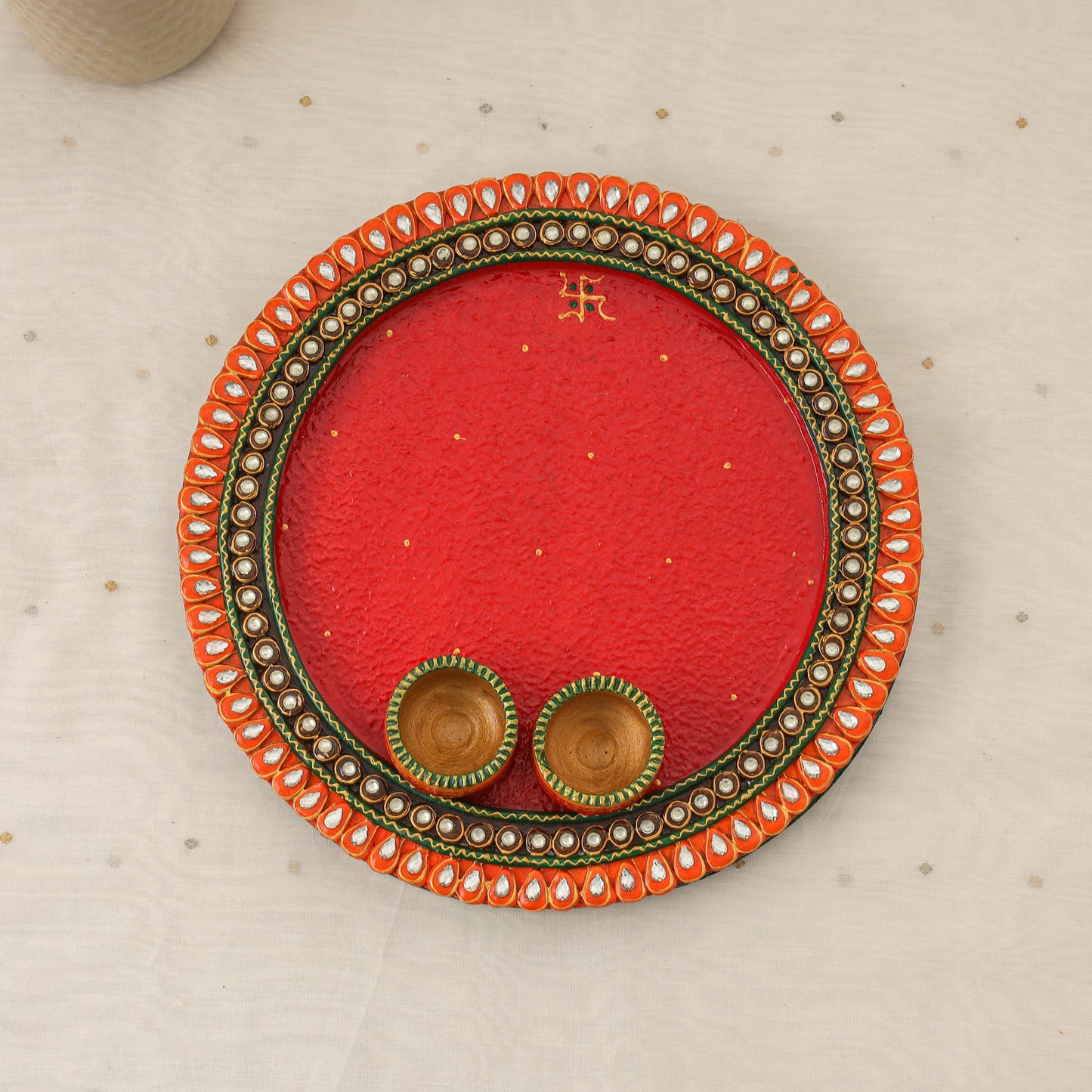 Diwali decor handpainted wooden pooja thali 03 - handcrafted