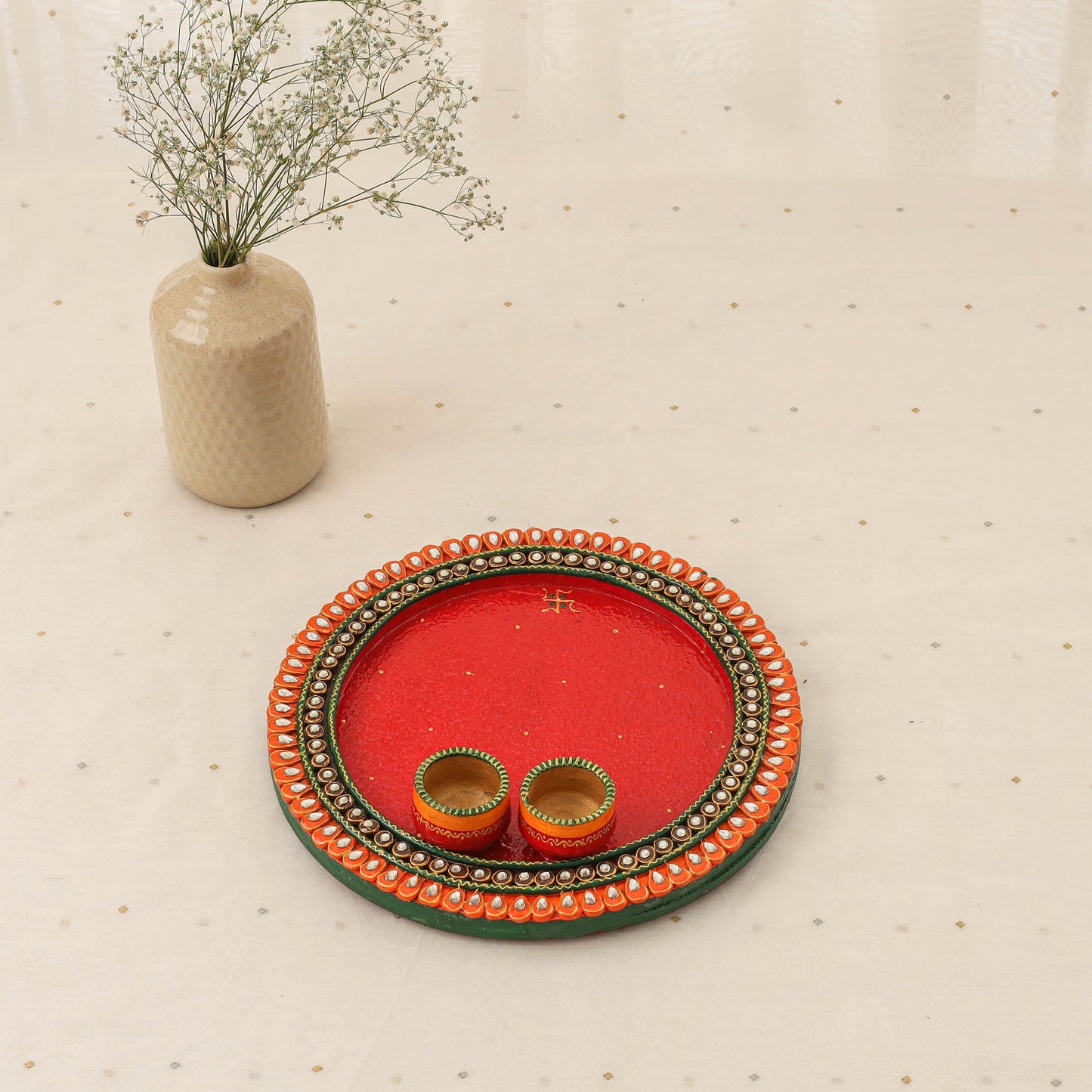 Diwali decor handpainted wooden pooja thali 03 - handcrafted