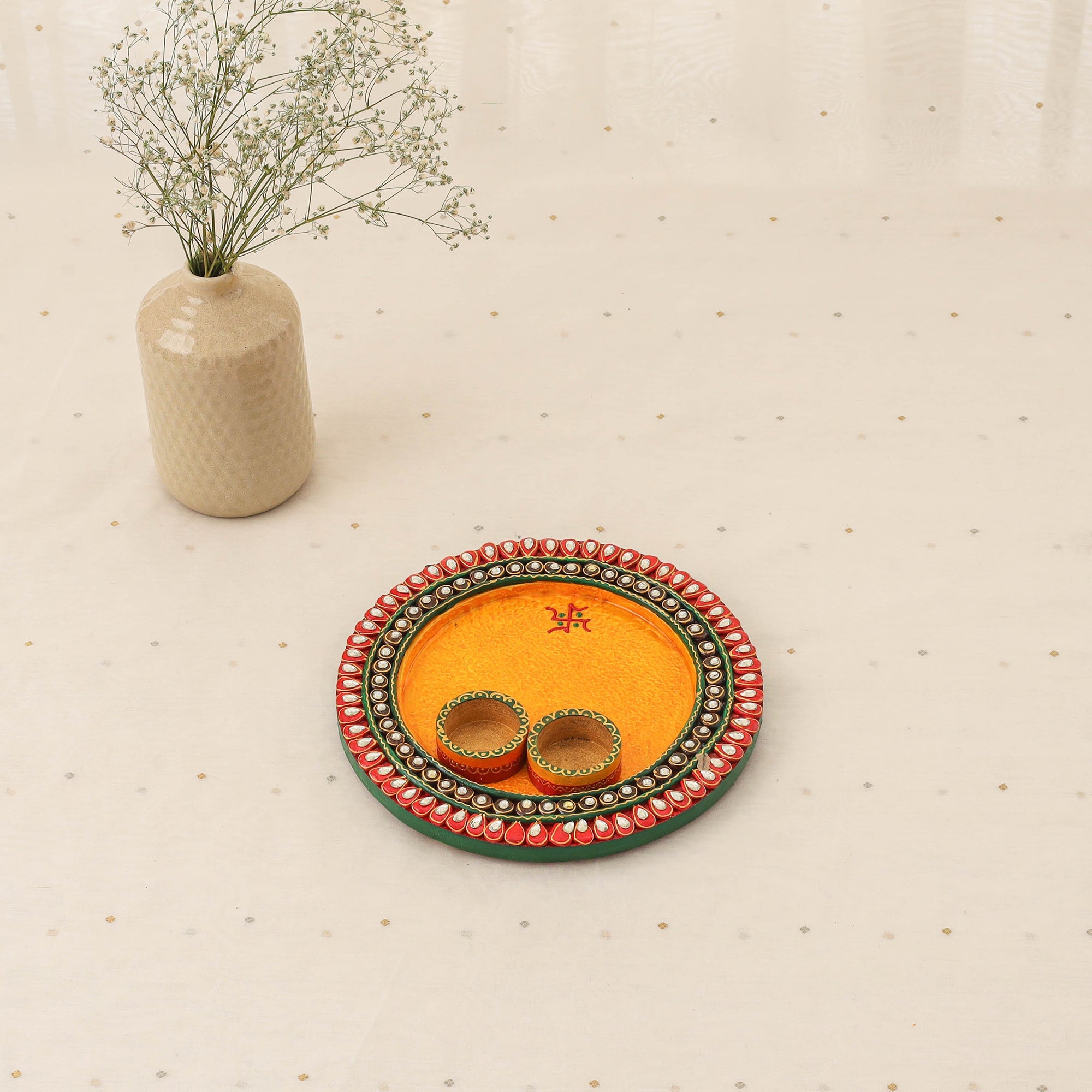 Diwali decor handpainted wooden pooja thali 04 - handcrafted