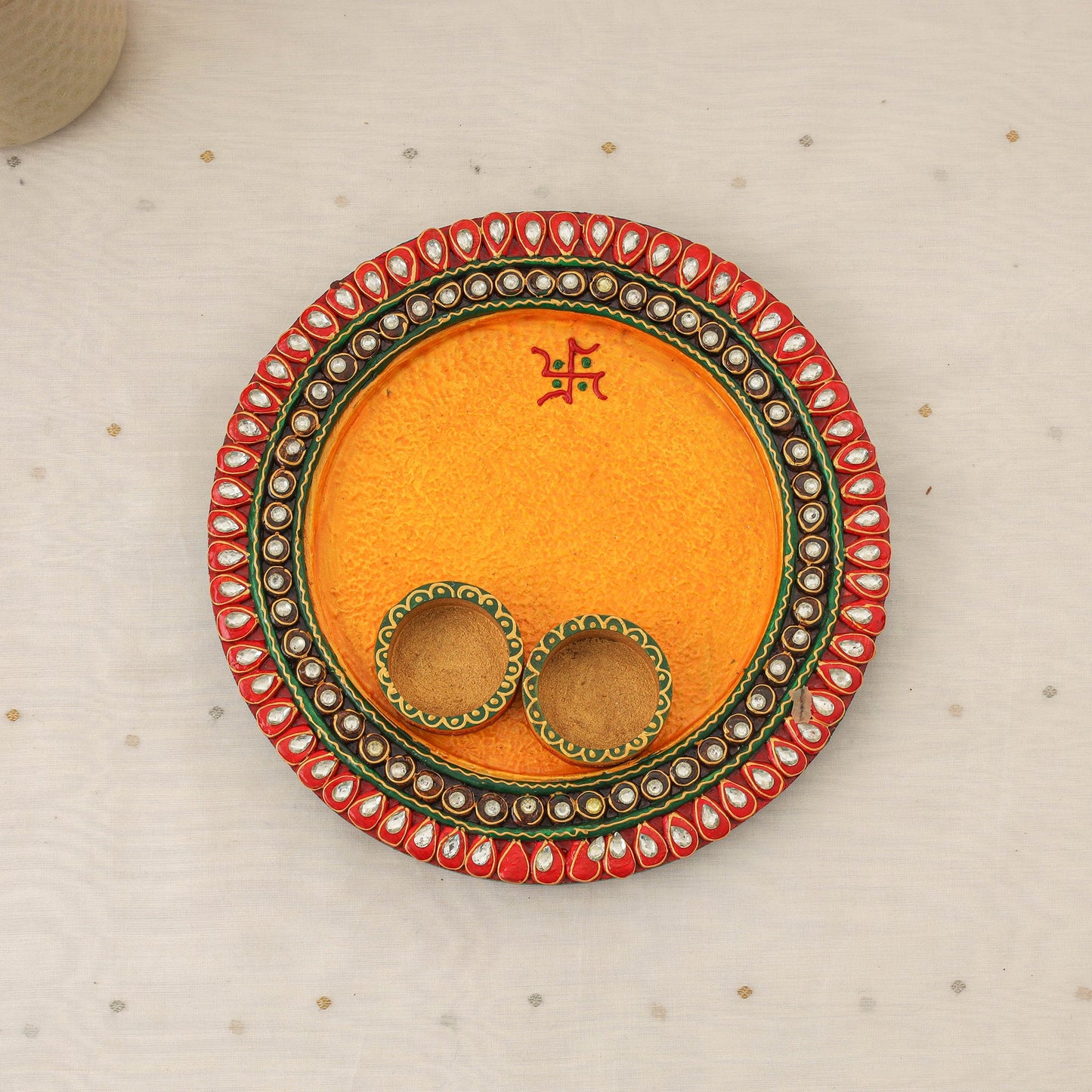 Diwali decor handpainted wooden pooja thali 04 - handcrafted