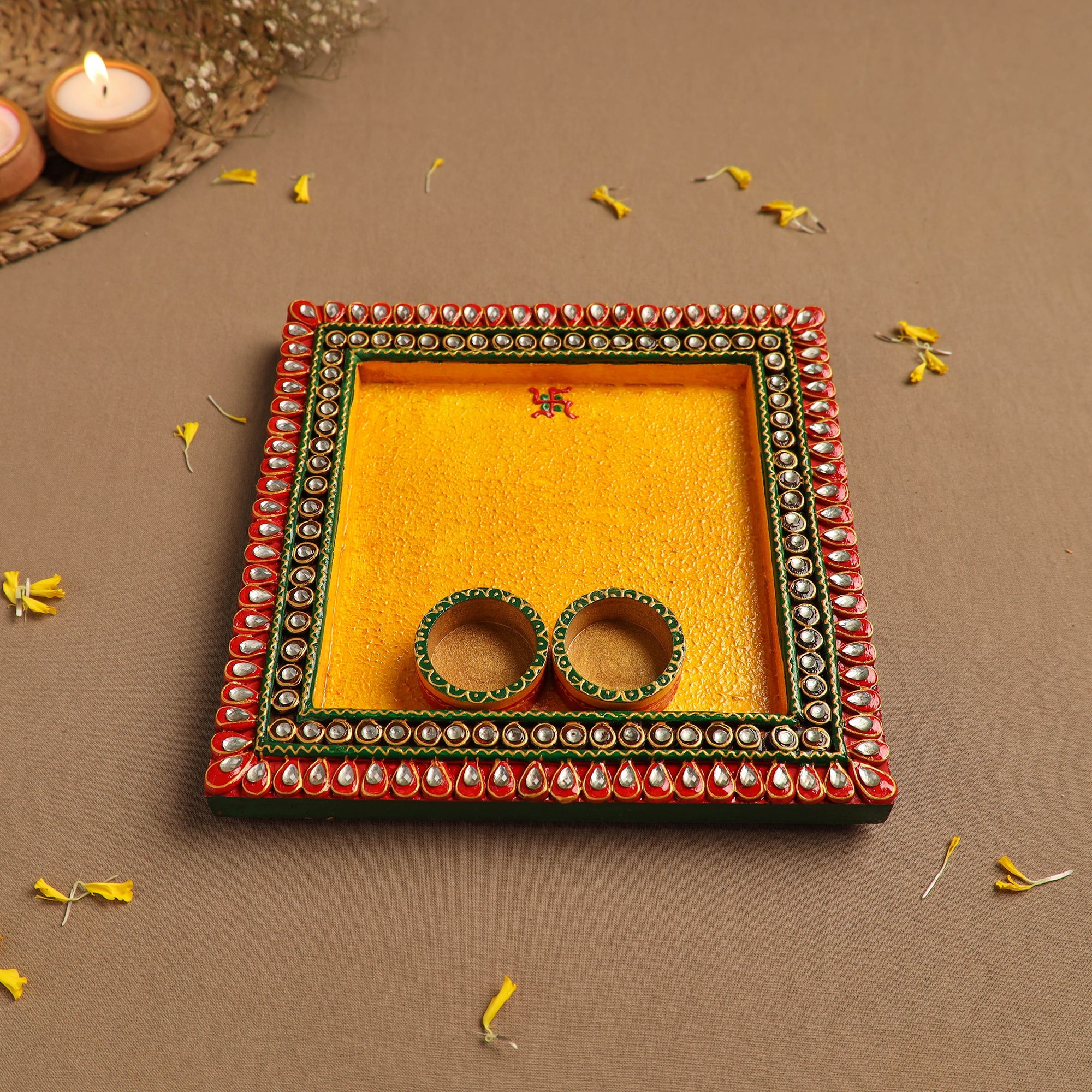Diwali Decor Handpainted Wooden Pooja Thali 