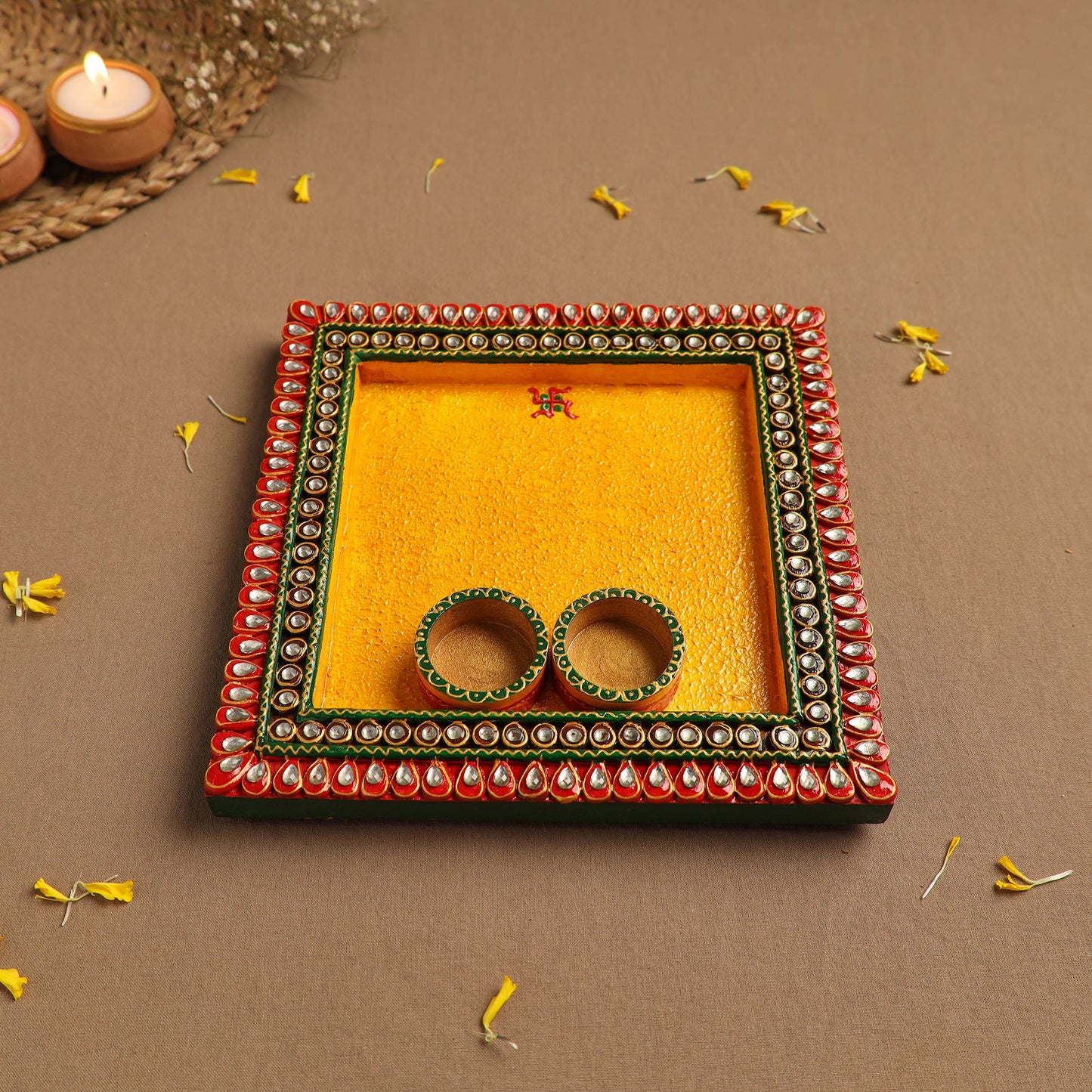 Diwali Decor Handpainted Wooden Pooja Thali 