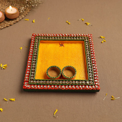 Diwali Decor Handpainted Wooden Pooja Thali 