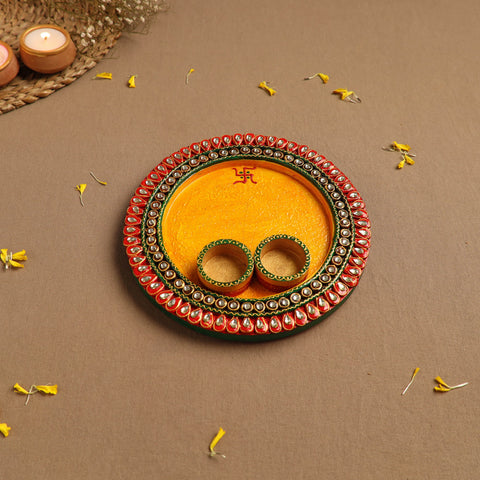 Diwali Decor Handpainted Wooden Pooja Thali 