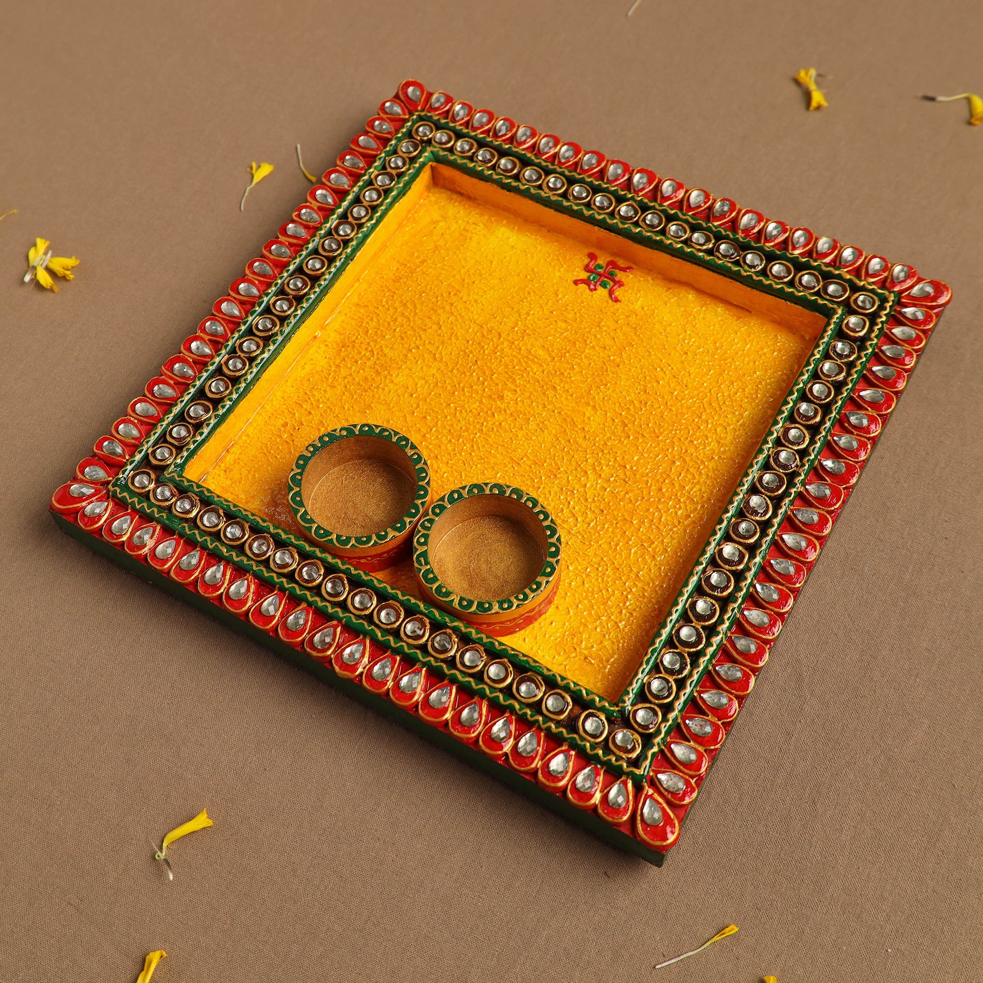 Diwali Decor Handpainted Wooden Pooja Thali 